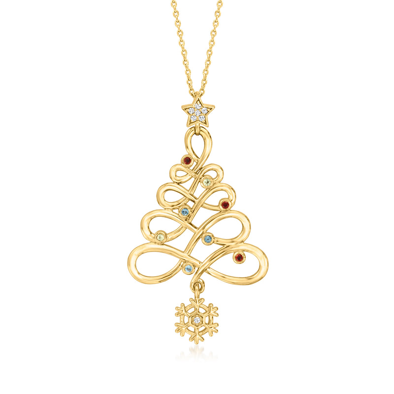 18k gold over sterling snowflake Christmas tree pendant necklace with blue and red stones