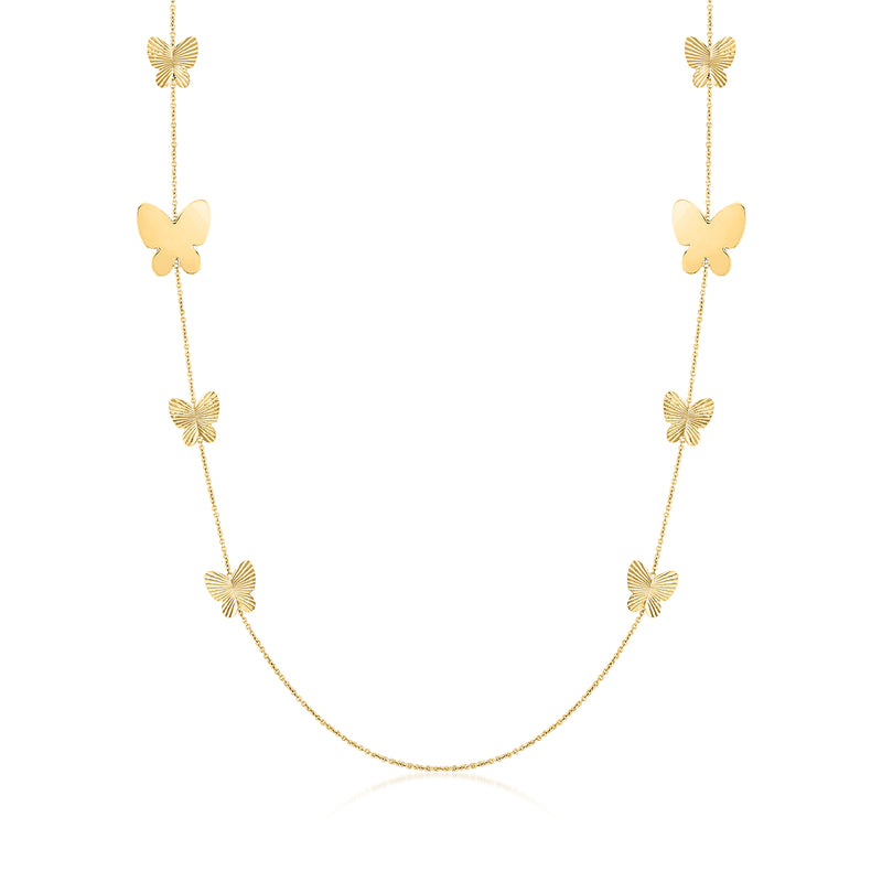 14kt yellow gold butterfly station necklace with five butterfly charms on a chain