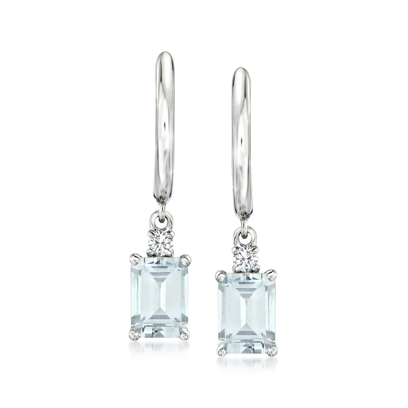 18k white gold hoop drop earrings with light blue square aquamarine and diamond accents