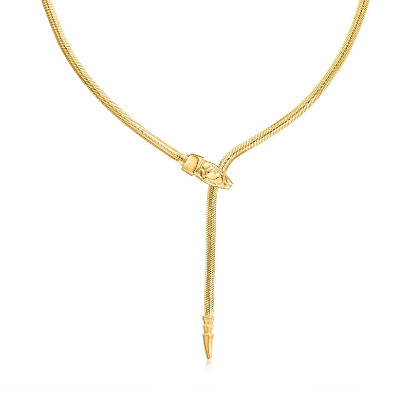 14kt yellow gold snake head lariat necklace with long drop detail