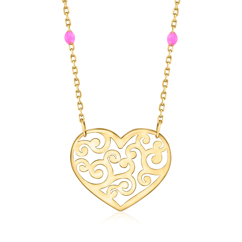 Yellow gold openwork heart necklace with pink enamel drop details