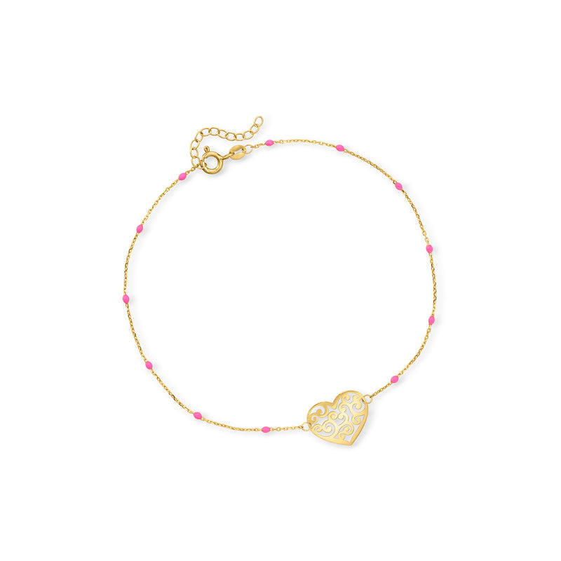 14kt yellow gold anklet with openwork heart pendant and pink enamel bead accents