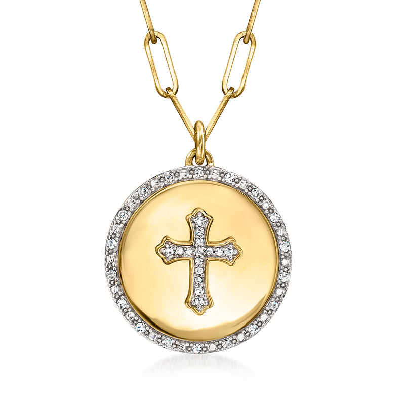 Gold paper clip link necklace with round diamond halo cross medallion pendant
