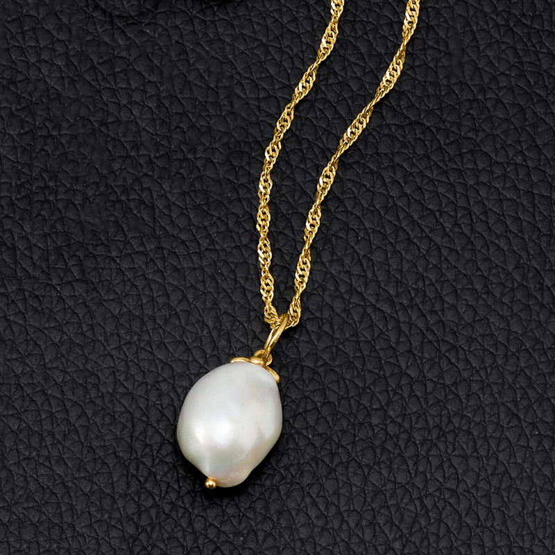 Cultured baroque pearl pendant on gold chain, oval white pearl with loop bail