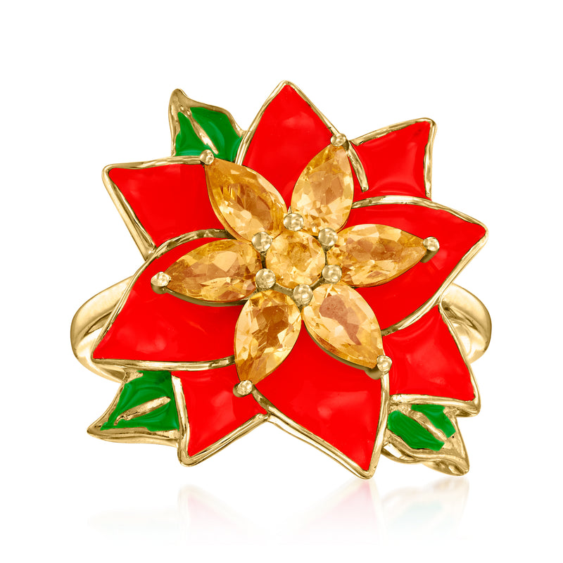 18kt gold over sterling poinsettia ring with red enamel petals, green leaves, citrine center