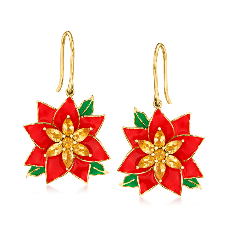 Gold drop earrings with red poinsettia enamel, green leaves, and yellow gemstone centers
