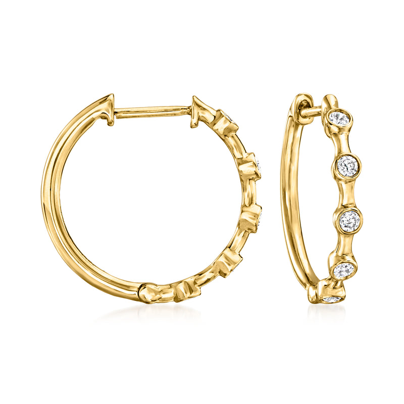 18kt yellow gold hoop earrings with three bezel-set round diamonds