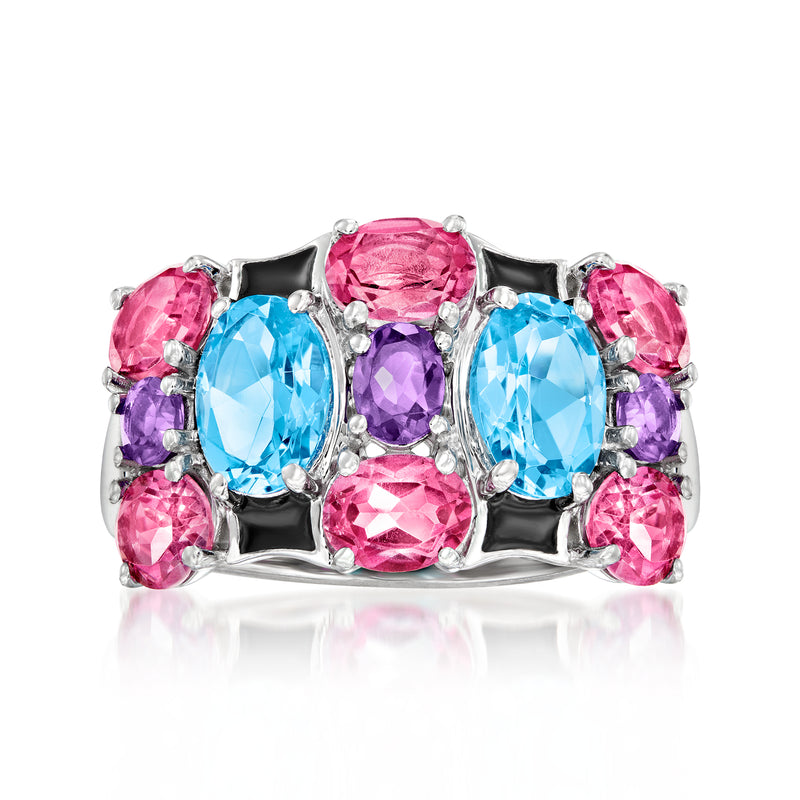 Sterling silver multi-gemstone ring with pink, blue, and purple oval stones