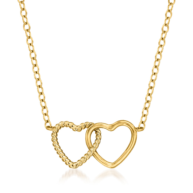 14kt yellow gold twisted double-heart necklace with cable chain and two heart pendants