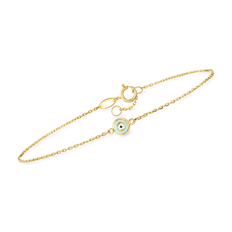 14kt yellow gold evil eye bracelet with multicolored enamel round charm