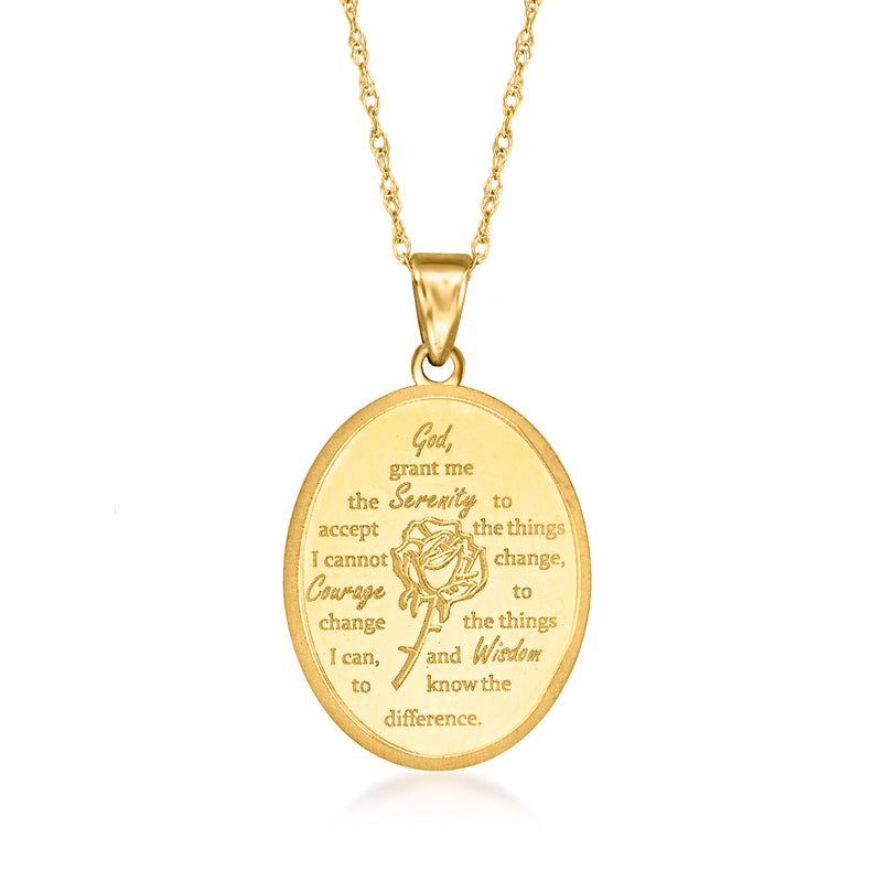 14kt yellow gold oval serenity prayer pendant necklace with hanging cross engraving
