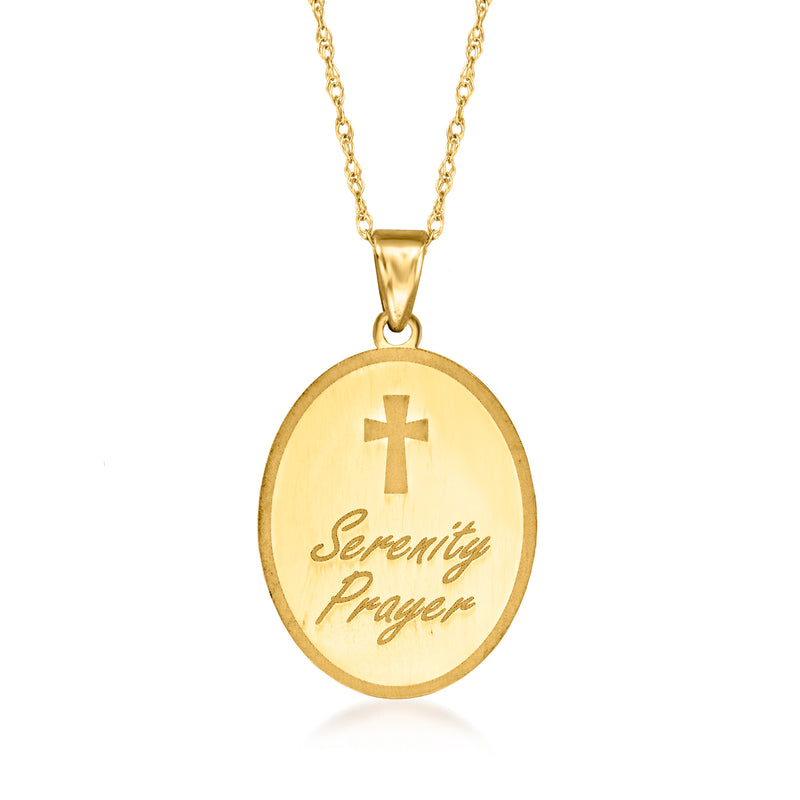 14kt yellow gold oval serenity prayer pendant with cross and Serenity Prayer text