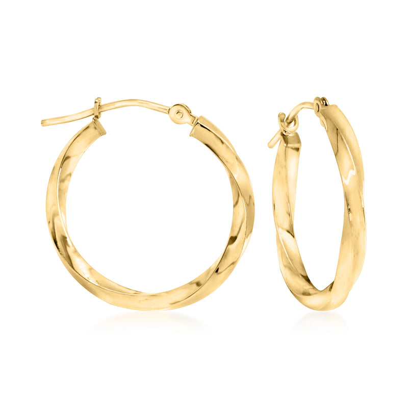 Twisted 18kt yellow gold hoop earrings with hinged clasp, polished finish.