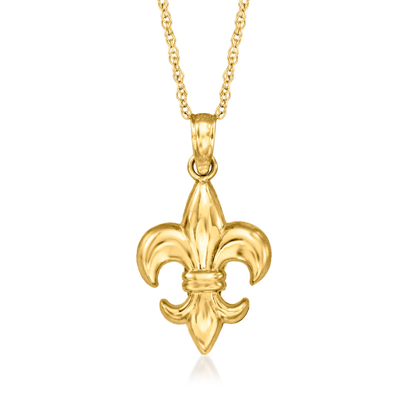 14kt yellow gold fleur-de-lis pendant necklace with ornate bail and link chain