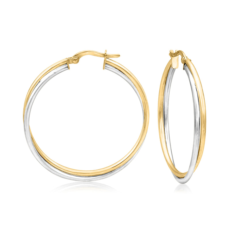 Two-tone gold hoop earrings with twisted design and hinged clasp