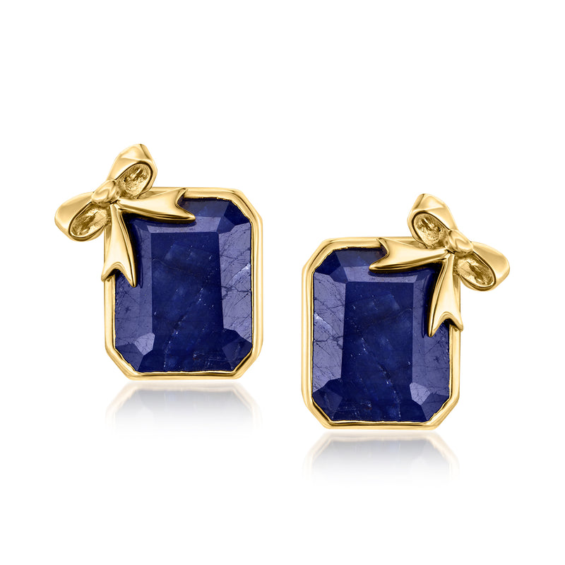 Gold over sterling bow post earrings with square blue sapphire gemstones