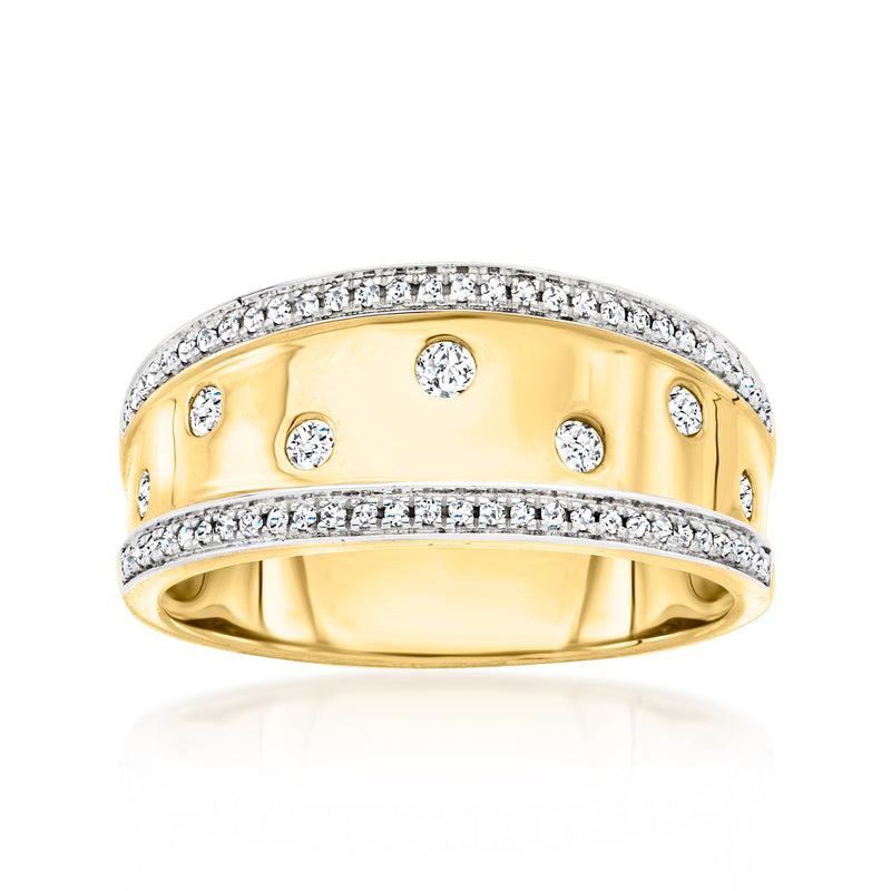 18kt yellow gold ring with scattered round diamonds along two halo bands