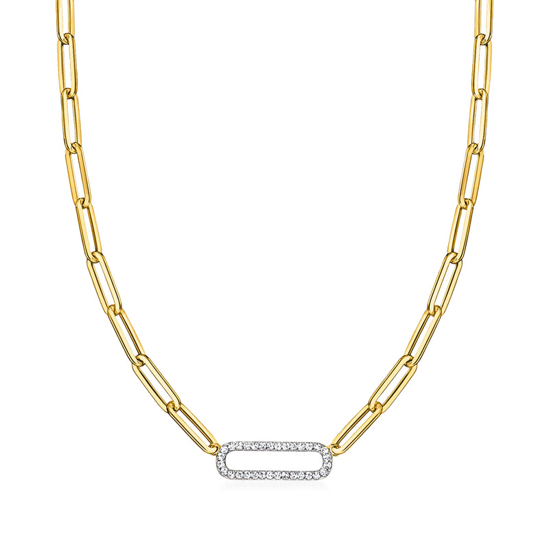 18kt gold over sterling paper clip link necklace with CZ bar pendant