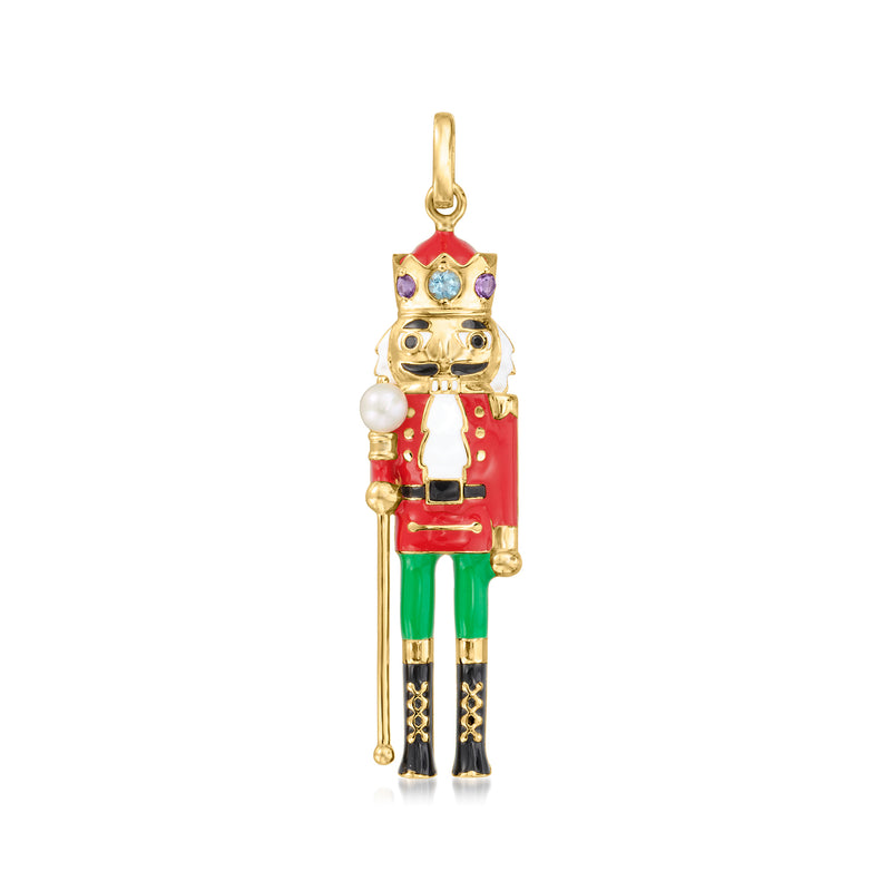 Nutcracker charm pendant with red/green enamel, gold tone, pearl and purple accents