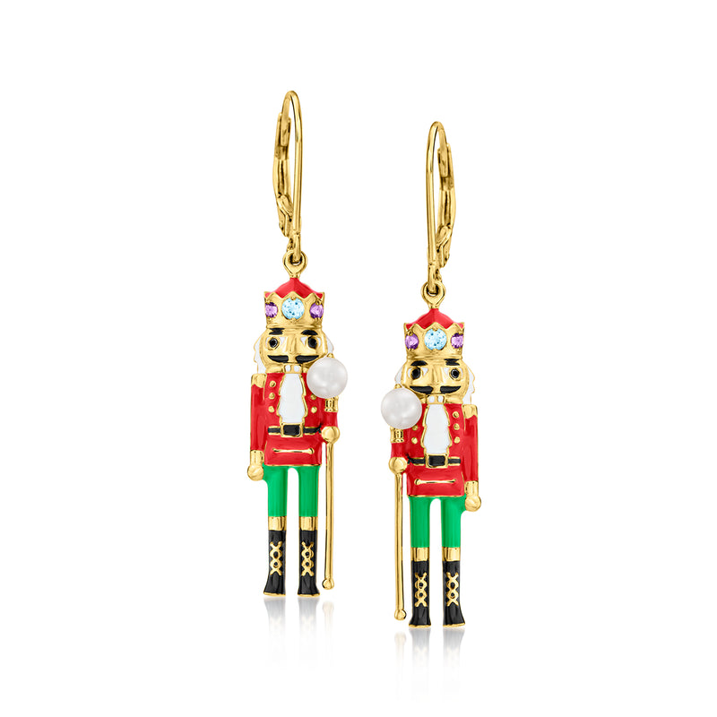 3.5-4mm Cultured Pearl and .23 ct. t.w. Multi-Gemstone Nutcracker Drop Earrings with Multicolored Enamel in 18kt Gold Over Sterling