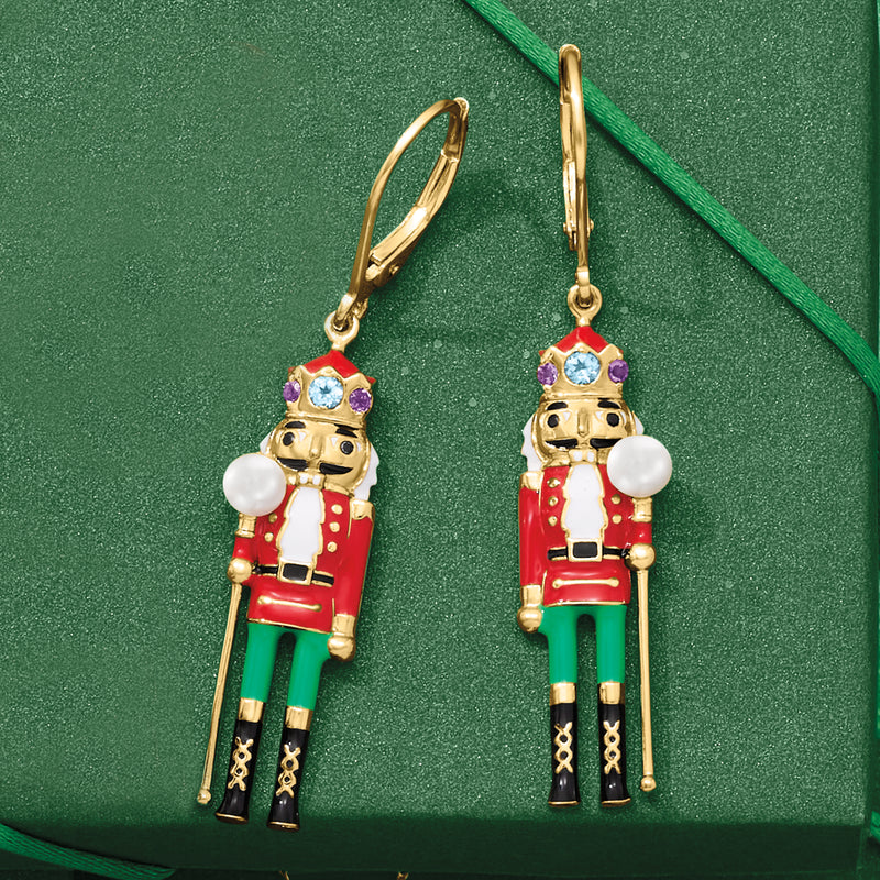 3.5-4mm Cultured Pearl and .23 ct. t.w. Multi-Gemstone Nutcracker Drop Earrings with Multicolored Enamel in 18kt Gold Over Sterling