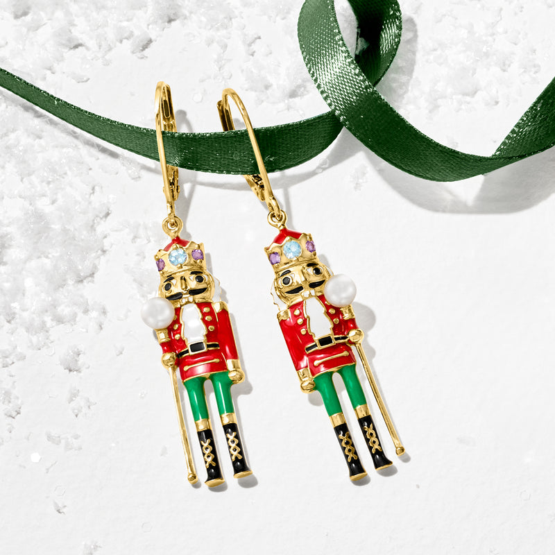 3.5-4mm Cultured Pearl and .23 ct. t.w. Multi-Gemstone Nutcracker Drop Earrings with Multicolored Enamel in 18kt Gold Over Sterling