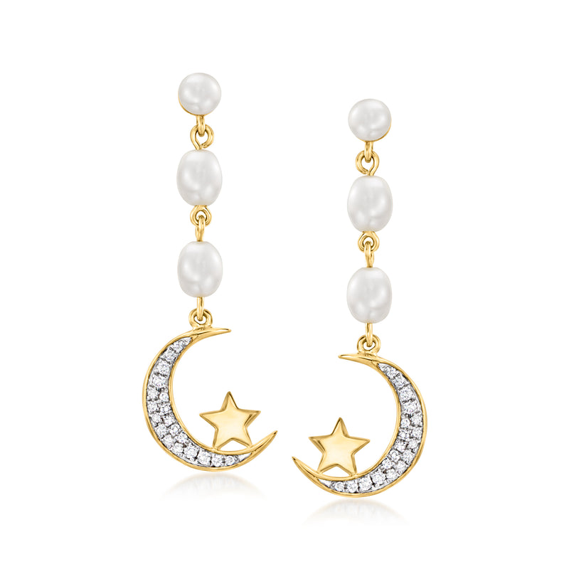Pearl and white topaz celestial drop earrings with crescent moon and star