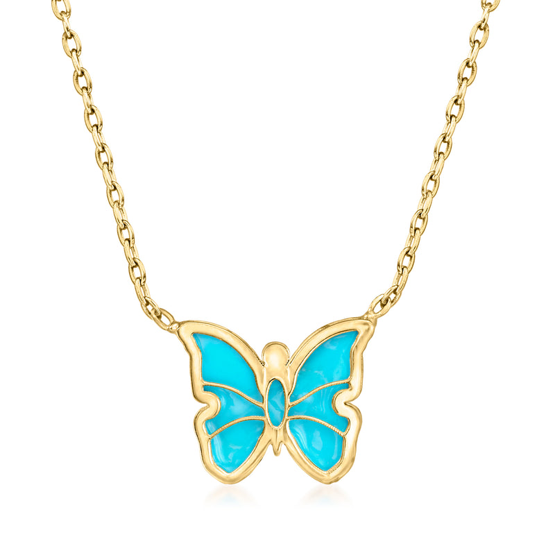 14kt yellow gold butterfly necklace with turquoise enamel wings and small gold center detail