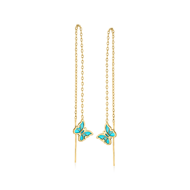 14kt yellow gold butterfly threader earrings with turquoise enamel accents