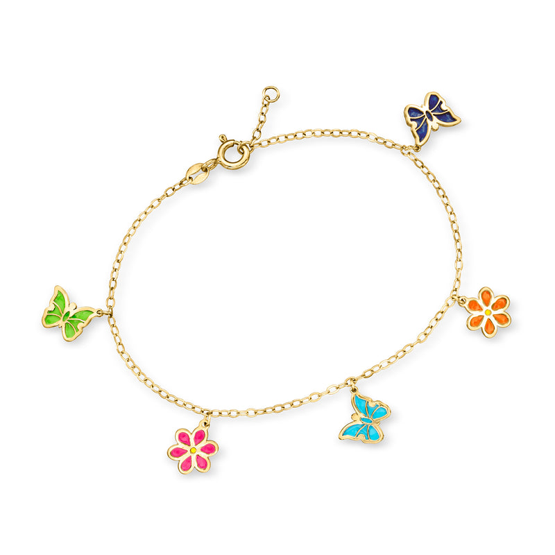 14kt yellow gold bracelet with multicolored enamel butterfly and flower charms