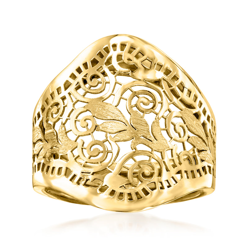 14kt yellow gold filigree ring with swirling scrollwork and latticework top