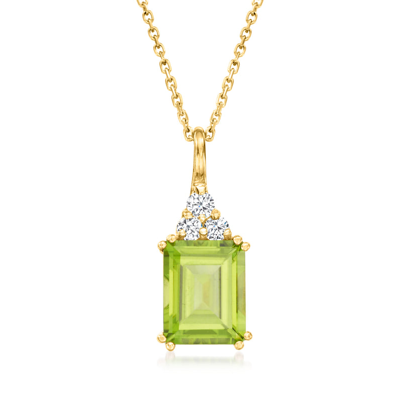 14kt yellow gold peridot and diamond pendant necklace, rectangular green stone with diamond cap