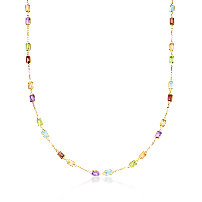 Yellow gold station necklace with multicolor gemstones, including blue, purple, green, red.