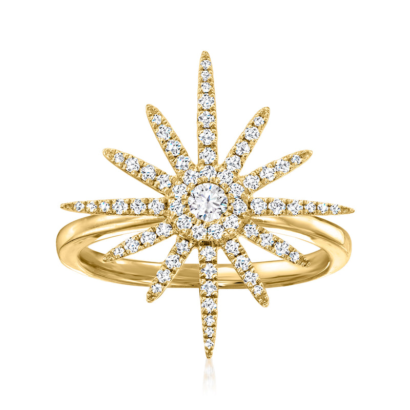 Vintage starburst diamond ring in 18k yellow gold with round center and side stones