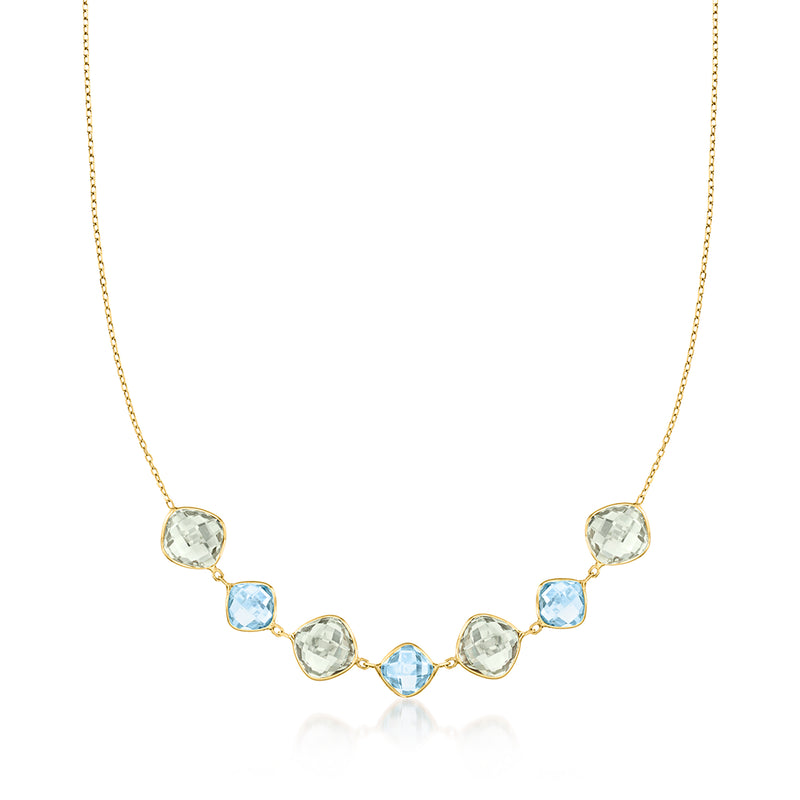 14kt yellow gold necklace with oval sky blue topaz and green prasiolite stones