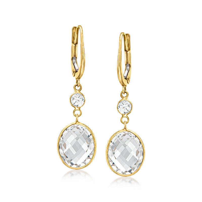 14kt yellow gold leverback drop earrings with faceted white topaz stones