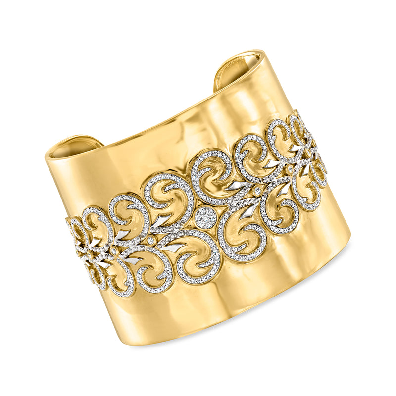 18kt gold over sterling cuff bracelet with diamond scrollwork design, wide hinged band