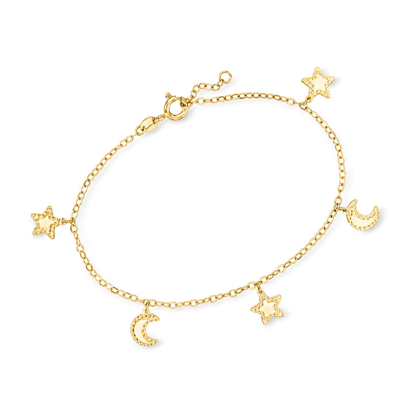 14kt yellow gold charm bracelet with moon and star charms