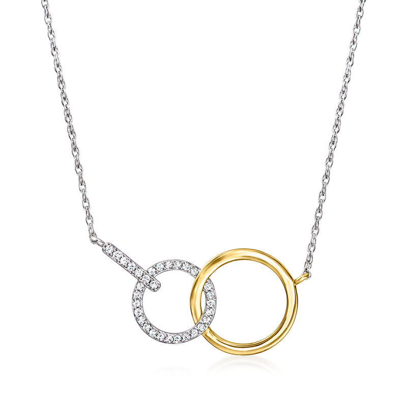 Sterling silver diamond interlocking-circle necklace with gold ring and round pave stones