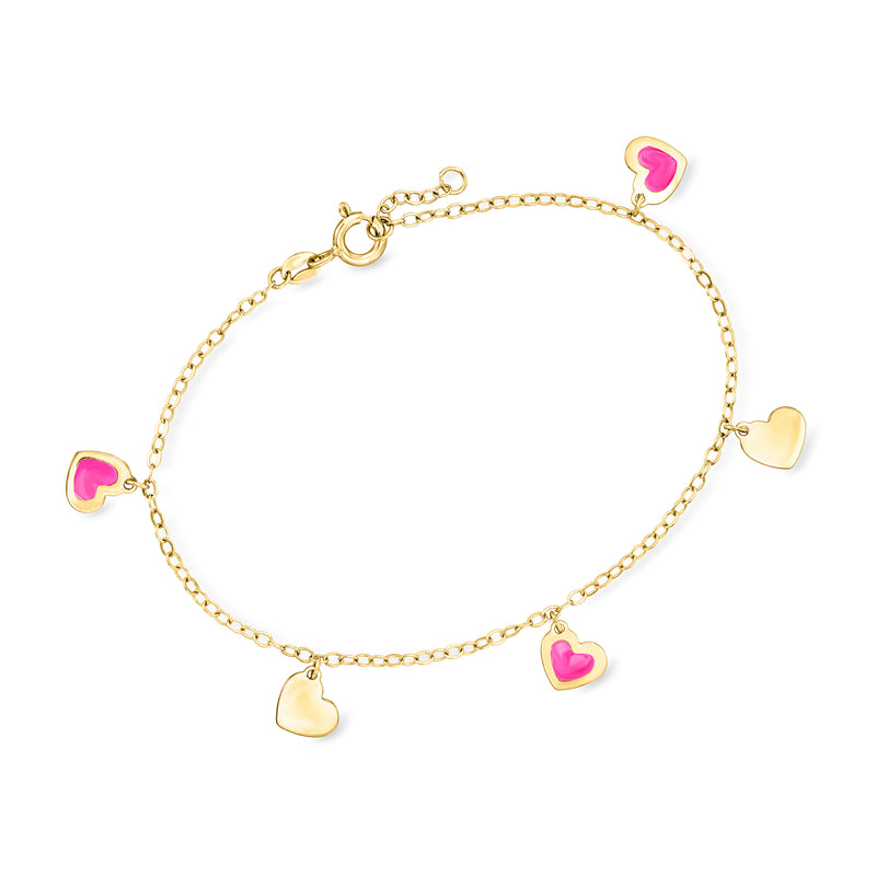 14kt yellow gold heart station bracelet with pink enamel and gold hearts