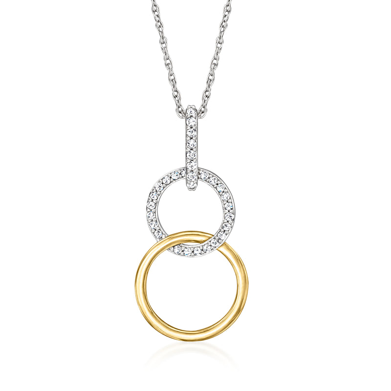 Sterling silver necklace with interlocking circle pendant, yellow gold ring with diamond accents