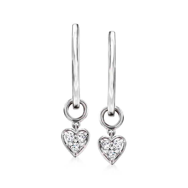 Sterling silver hoop earrings with heart drop charms and diamond accents