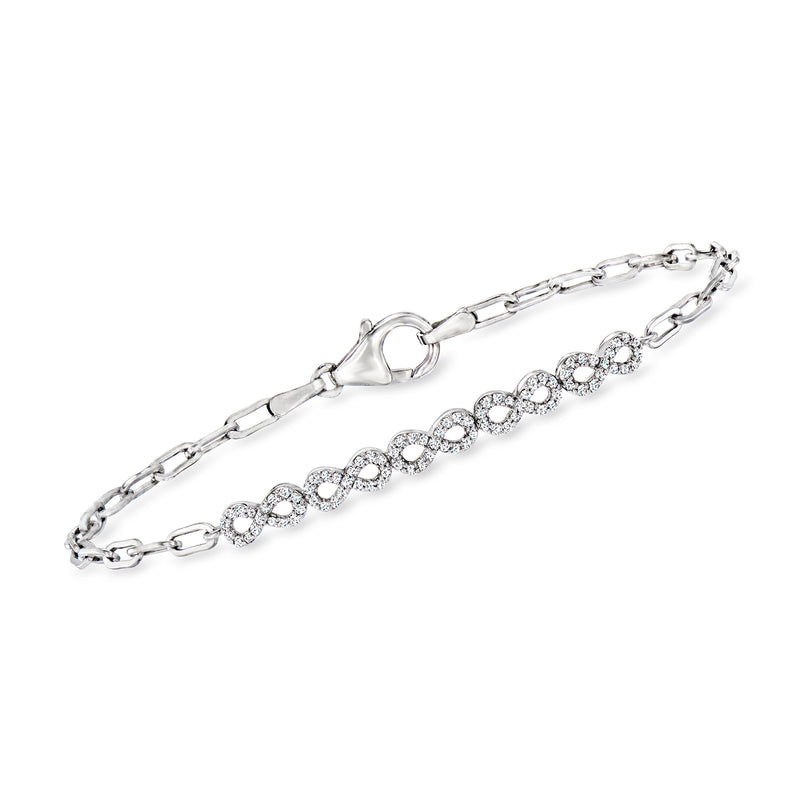 Sterling silver infinity link bracelet with round diamond accents, adjustable chain clasp