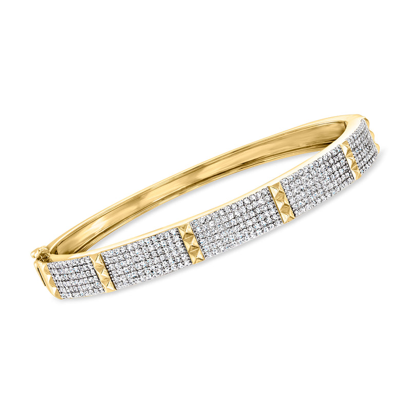 Yellow gold over sterling bangle bracelet with diamond pavé square accents