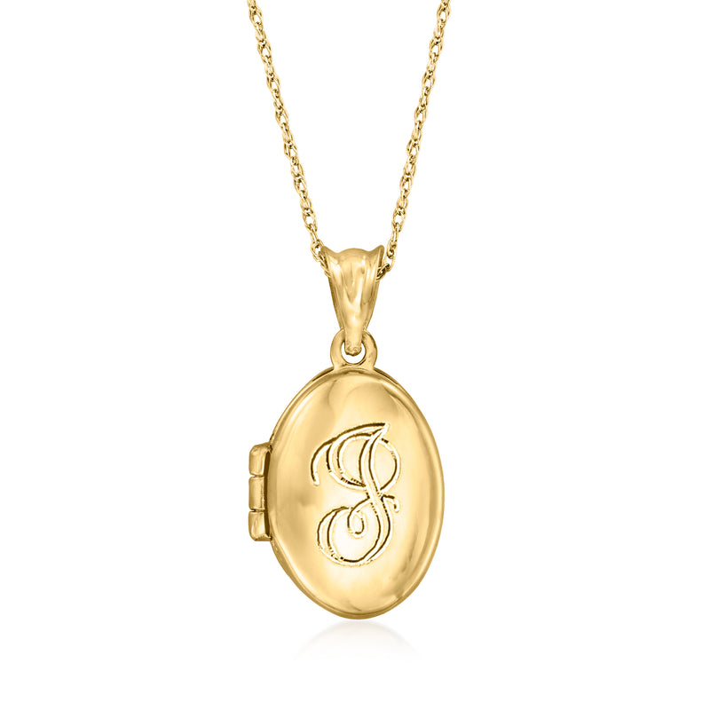 14kt yellow gold oval locket necklace with engraved monogram, hinged small locket