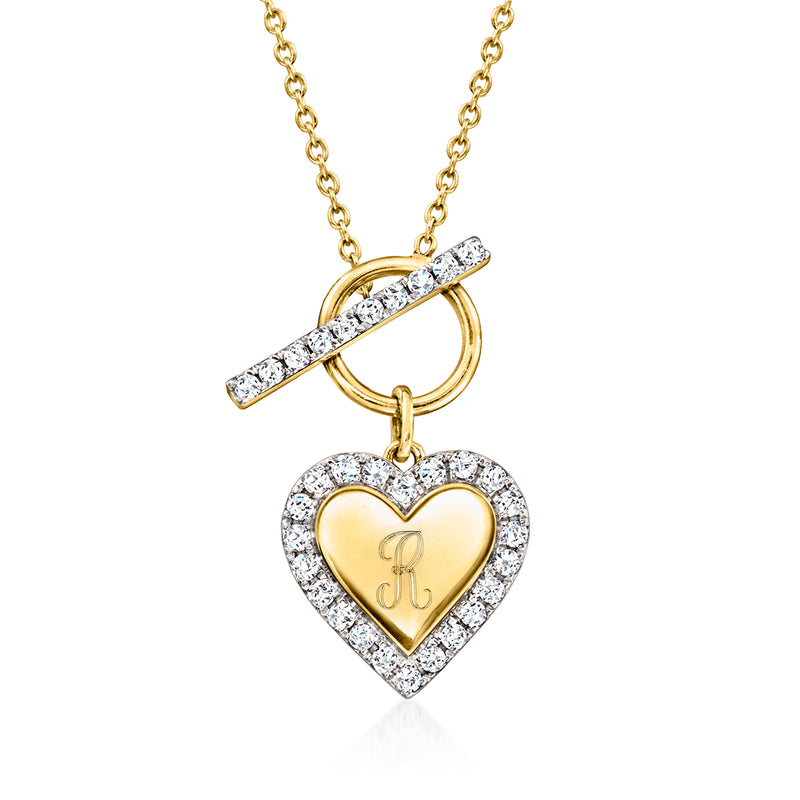 18k yellow gold heart charm toggle necklace with diamond pave bar and heart pendant