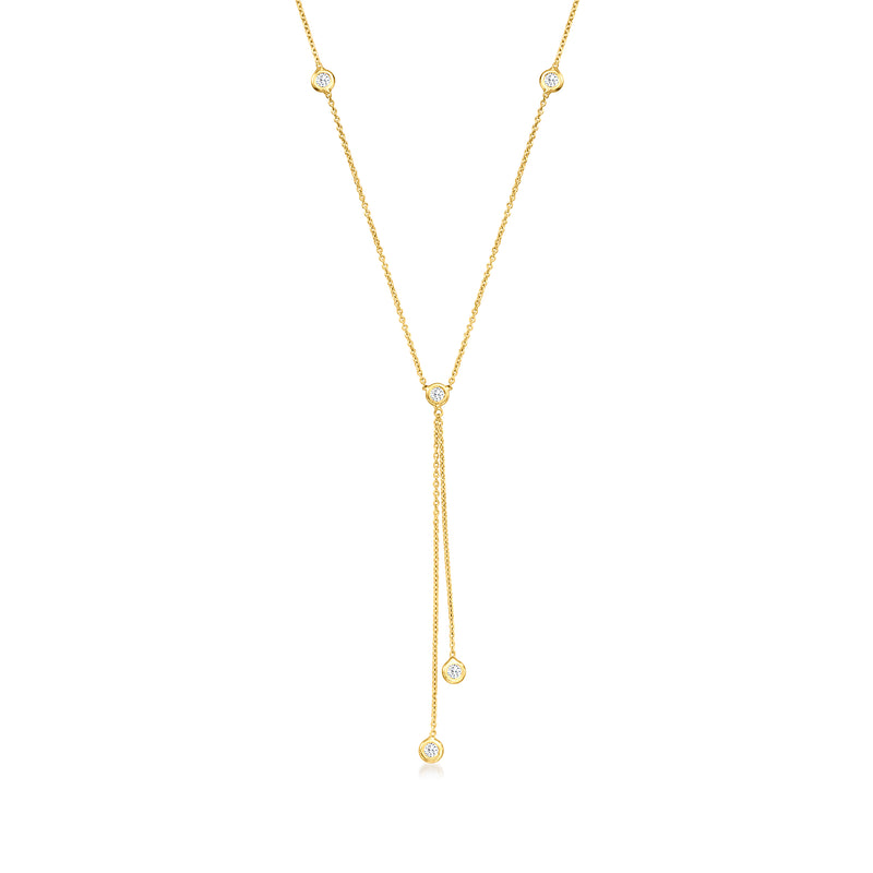 18kt yellow gold Y-necklace with bezel-set diamond stations and dangling round stones