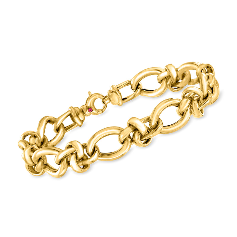18kt yellow gold chunky curb-link bracelet with pink gemstone accents