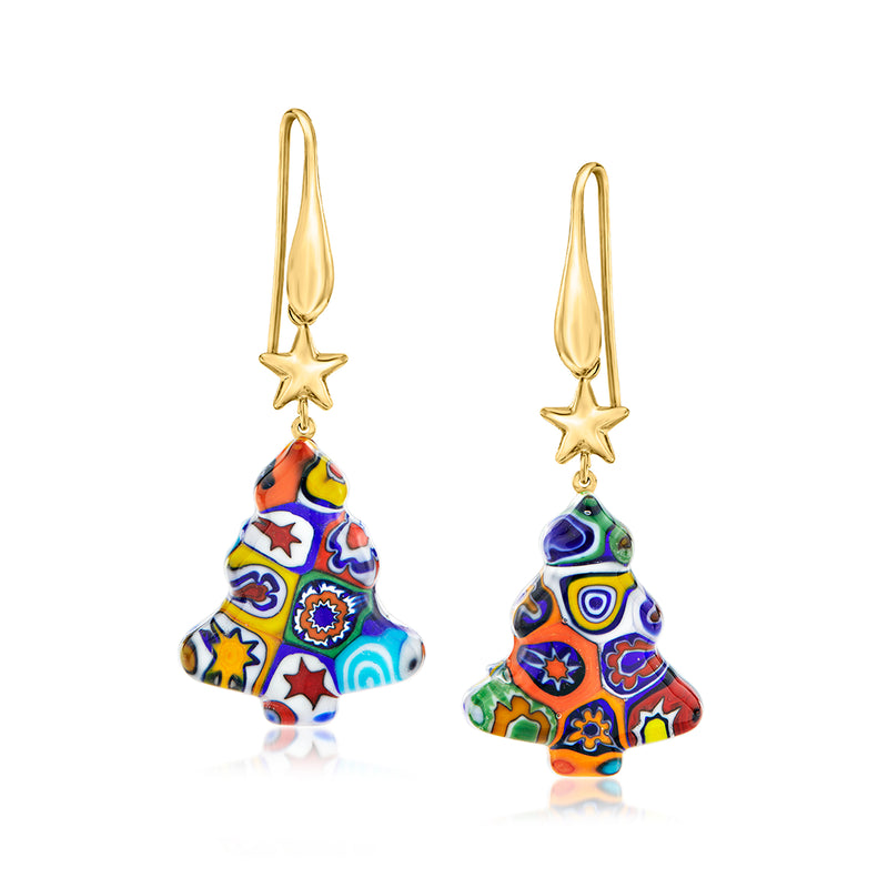 Gold-tone star and colorful Murano millefiori glass Christmas tree drop earrings