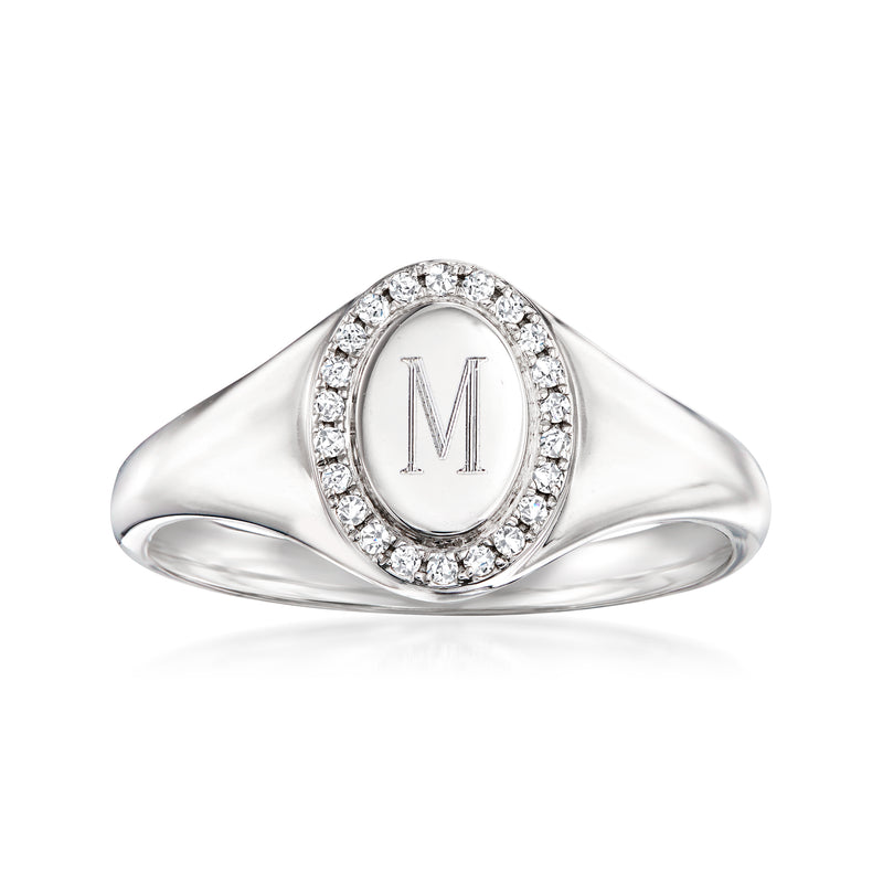 Sterling silver oval signet ring with diamond halo and monogram letter M